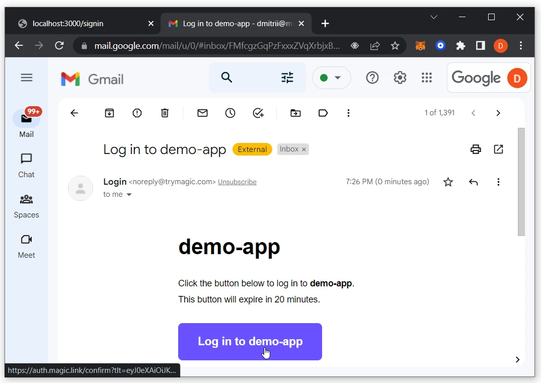 Message from Magic.Link in Gmail